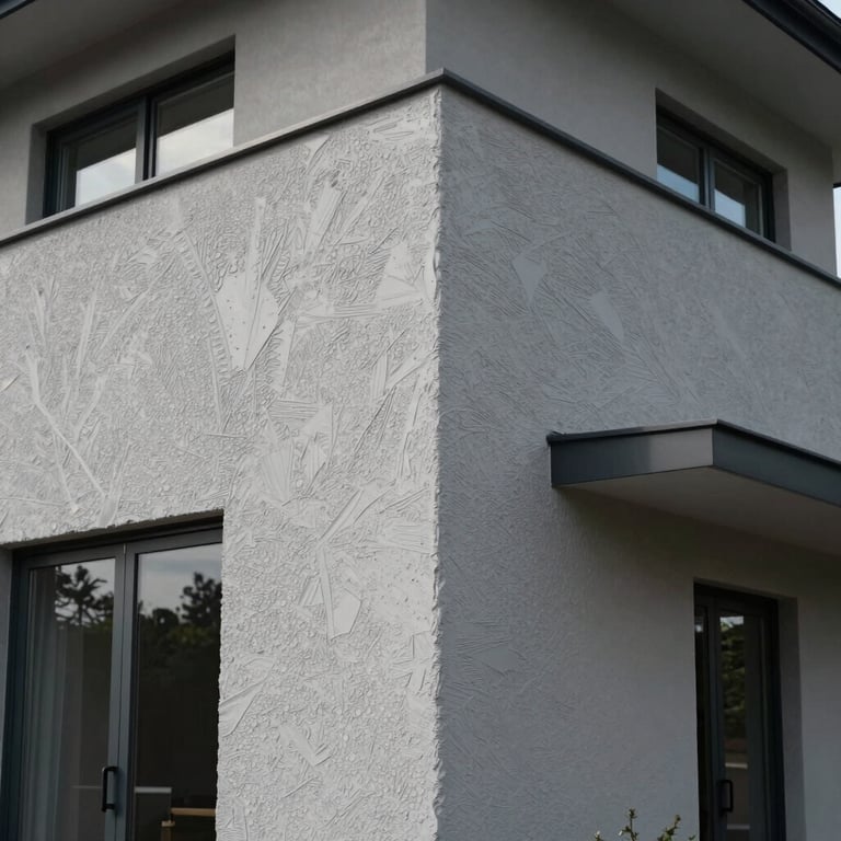 Application of pearl grey textured plastic coating on the exterior facade of a contemporary home.