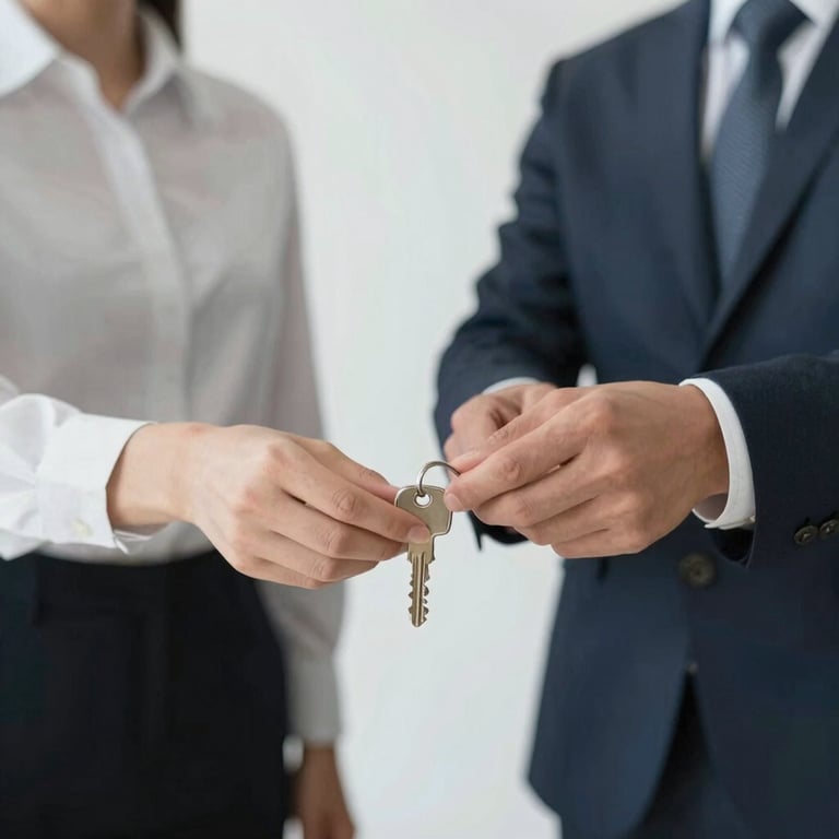 A focused shot of a key exchange between two professionals, symbolizing a successful property management handover.