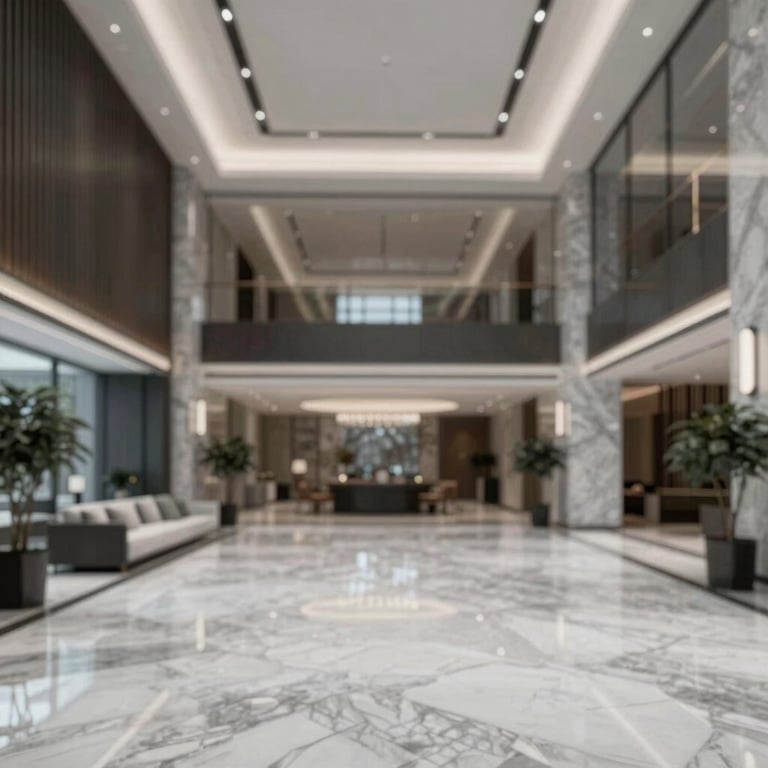 A wide shot of a luxury residential lobby with marble floors and contemporary lighting in #F4F7F8 and #1E272C tones.