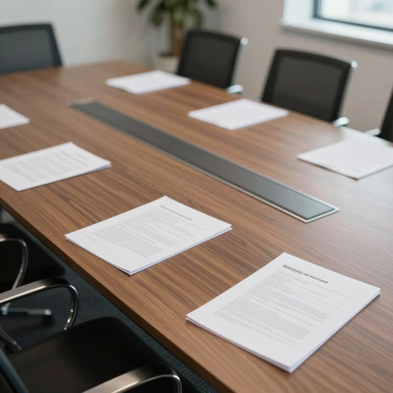 An overhead view of a modern commercial boardroom with professional documents and a sleek wooden table.