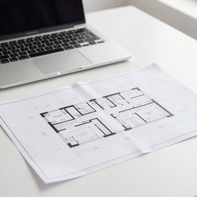 A clean, minimalist workspace with a laptop and property blueprints, representing meticulous strategic management planning.