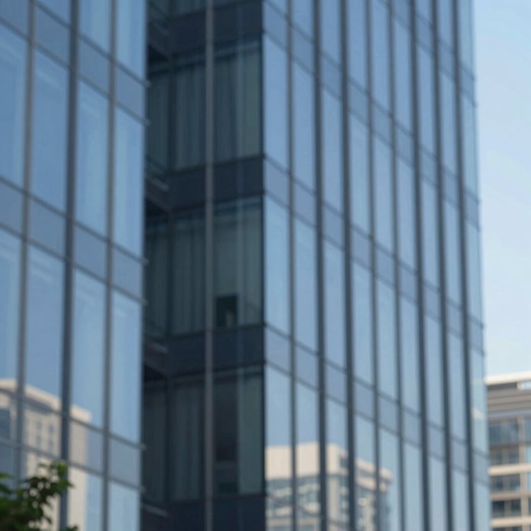 A detailed architectural shot of a glass facade building reflecting a clear blue sky, emphasizing reliability and modern design.