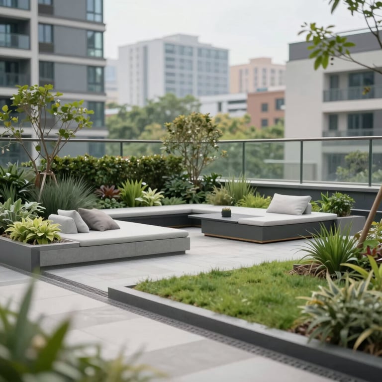 A serene urban rooftop garden in a residential building, showcasing efficient property amenities and green living.