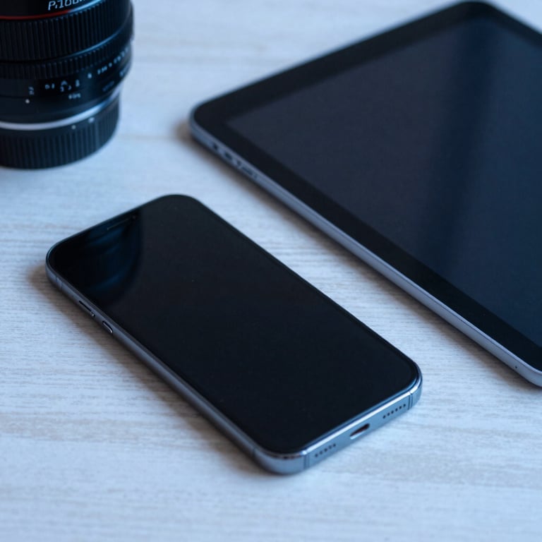 Detailed shot of a modern smartphone and tablet on a white wooden desk with soft blue lighting.