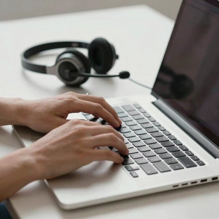 Close-up of hands typing on a laptop with a professional digital headset resting nearby on a clean desk.