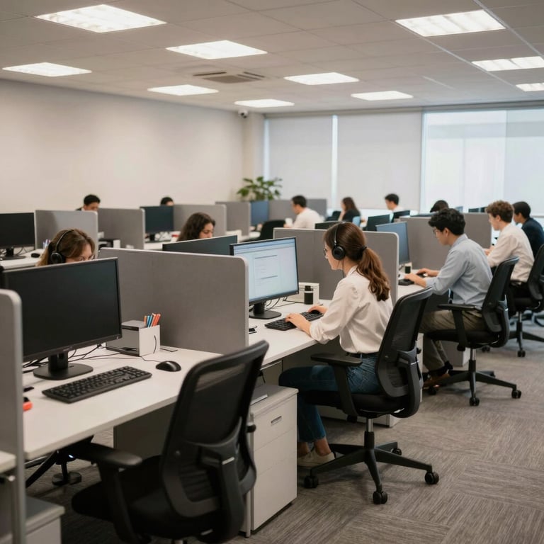 Wide shot of a high-tech call center in Brazil with organized desks and ergonomic chairs in a bright office.