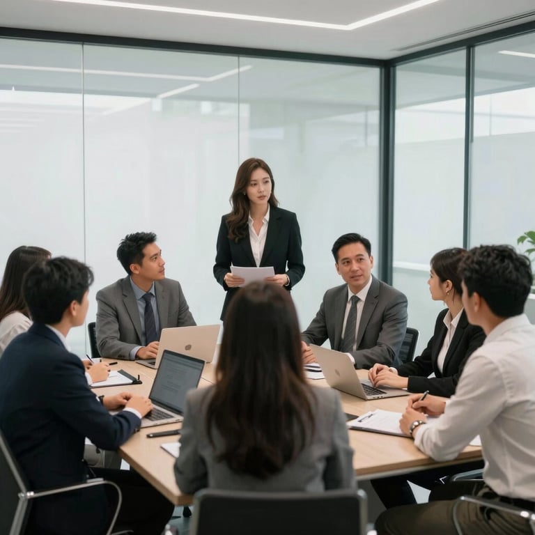 A South American team of professionals collaborating in a bright, modern meeting room with glass walls.