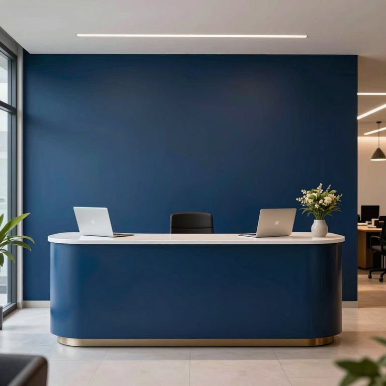 A welcoming reception area of a modern Brazilian technology company with a navy blue feature wall.
