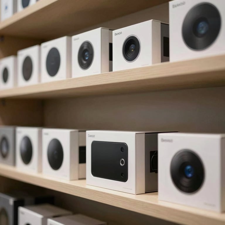 Minimalist shelf displaying boxed high-tech electronic products in a clean retail or warehouse setting.