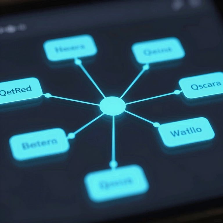A tight macro shot of a node-based conversation builder interface, glowing connection lines in electric cyan, clean dark mode UI.