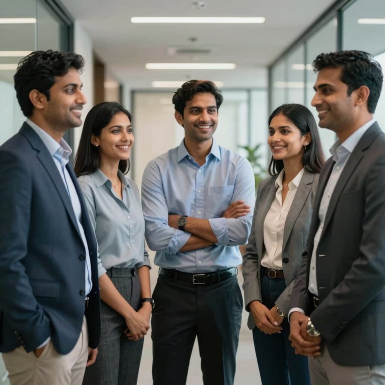 A professional South Asian consulting team smiling in an office hallway, wearing business attire, representing modern efficiency and expert guidance.