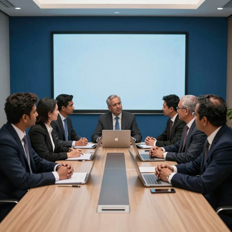A high-end meeting room where South Asian professionals are collaborating, featuring professional royal blue and sky blue interior elements.