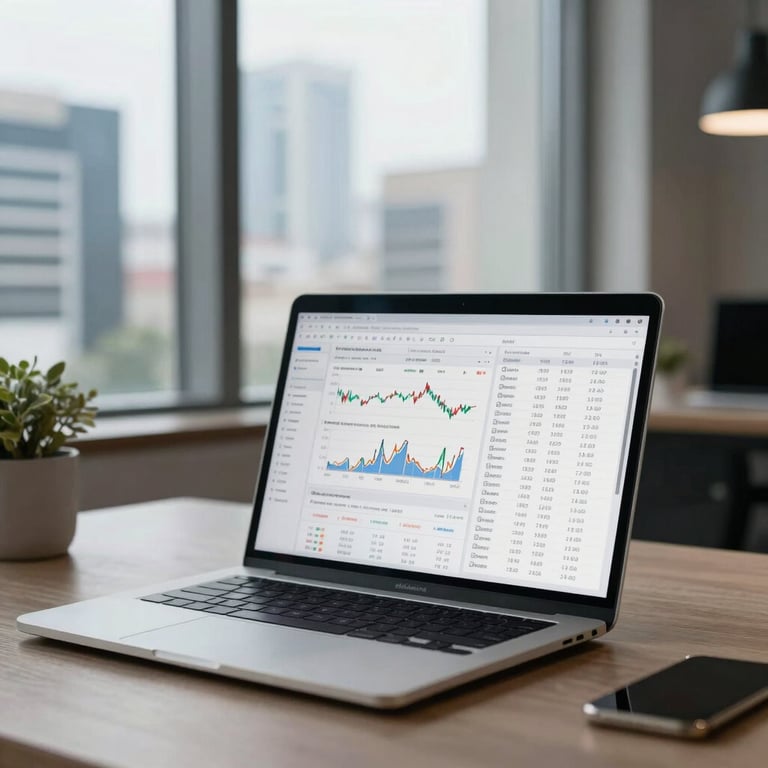 A sleek workspace featuring a laptop showing financial spreadsheets, with a view of a modern Indian city through the window, professional lighting.