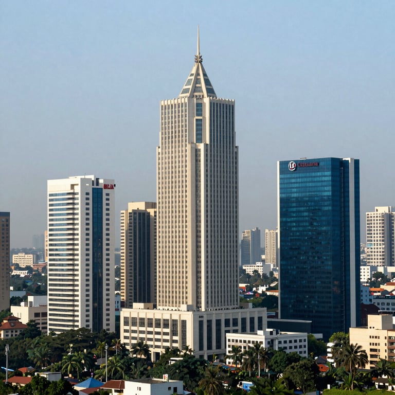 A modern Bangalore skyline view with tech parks, captured in professional architectural style, with off-white and deep navy blue tones.