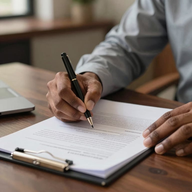 A close-up shot of hands of a South Asian professional signing legal documents on a dark wooden desk, soft focused background, professional lighting.
