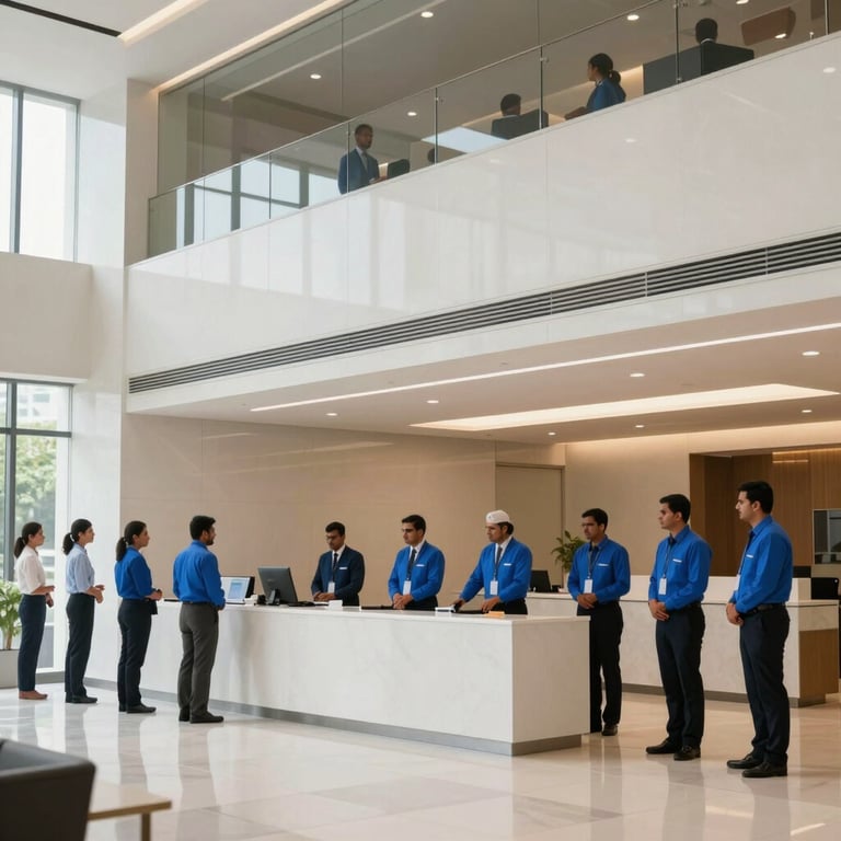 The modern, sleek lobby of a corporate building in Gurugram with professional South Asian staff, using a palette of off-white and professional royal blue.