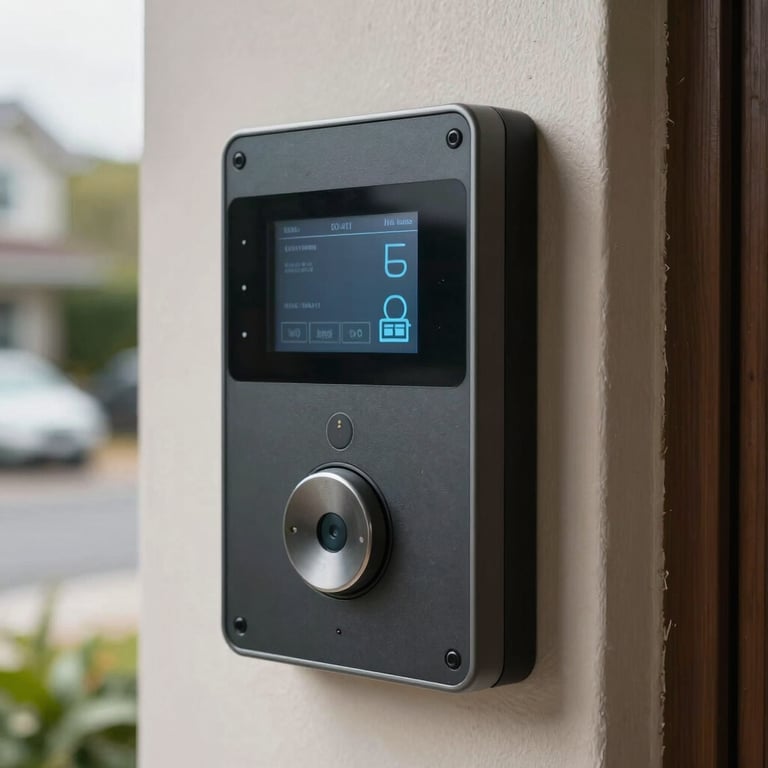 Close-up of a sleek digital access control panel at the entrance of a private neighborhood.