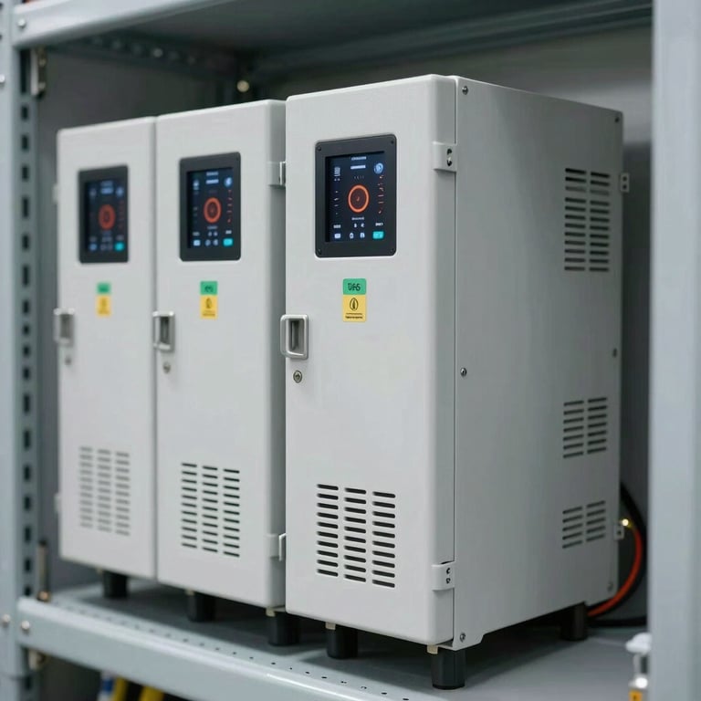 Professional grade industrial UPS systems and power protection units installed in a secure facility.