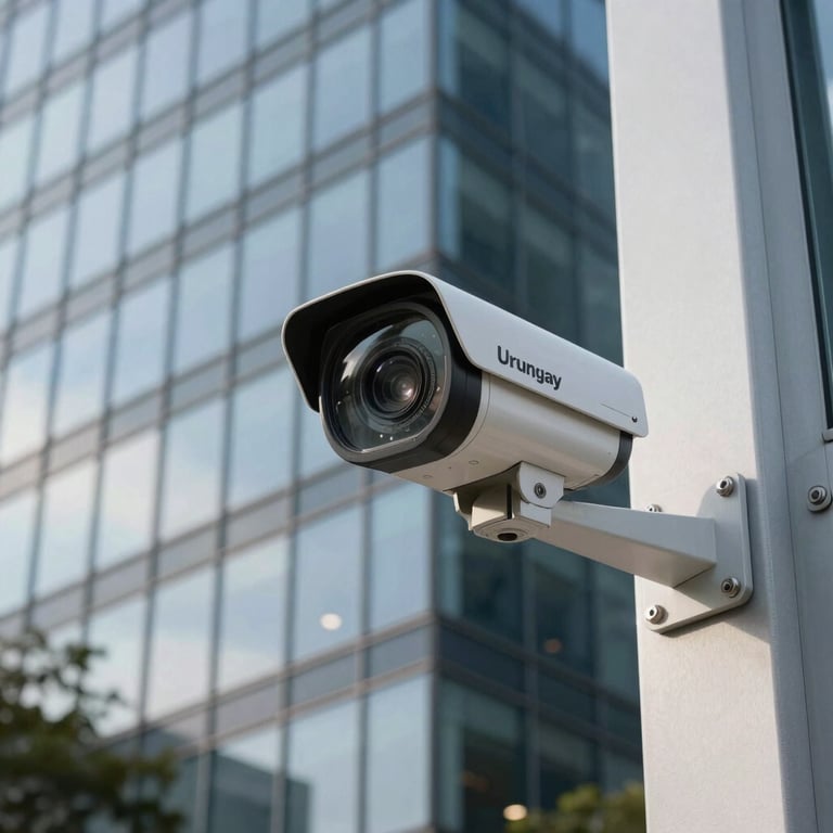 A high-definition security camera mounted on a modern glass facade of a business center in Uruguay.