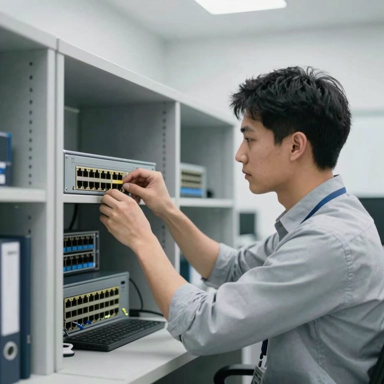 An IT professional in corporate attire configuring a network switch in a clean, brightly lit technical room.