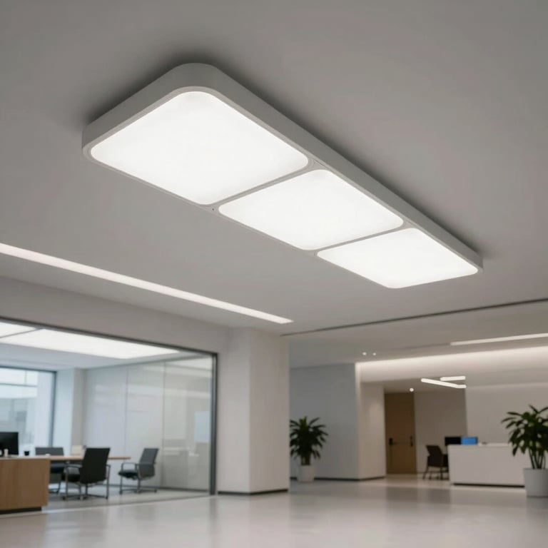 Modern energy-efficient LED lighting system illuminating a spacious, minimalist corporate lobby.