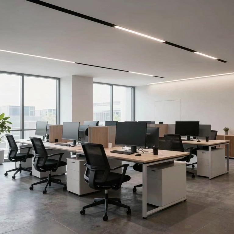 Wide shot of a modern office interior showing integrated technology and a minimalist design aesthetic.