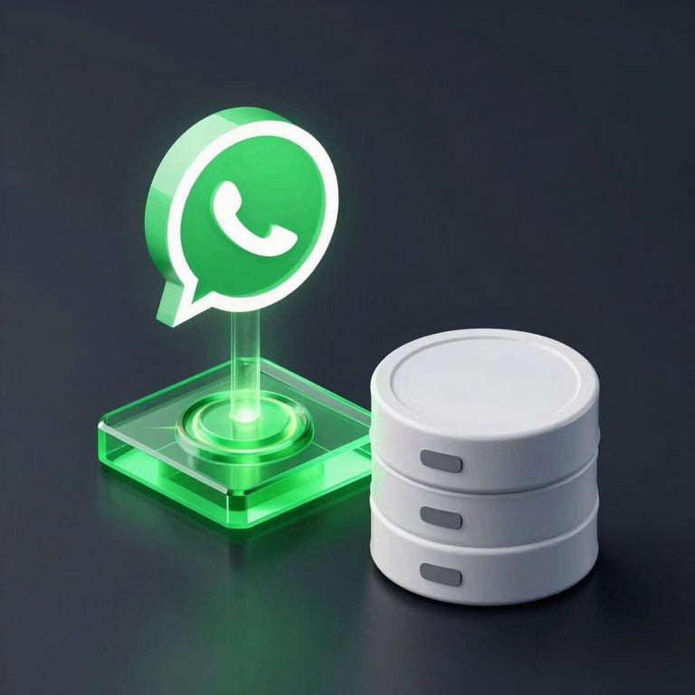 Clean isometric technical diagram of data flowing from a stylized WhatsApp icon through a glowing green glass node into an e-commerce database, dark obsidian background, sharp studio lighting.