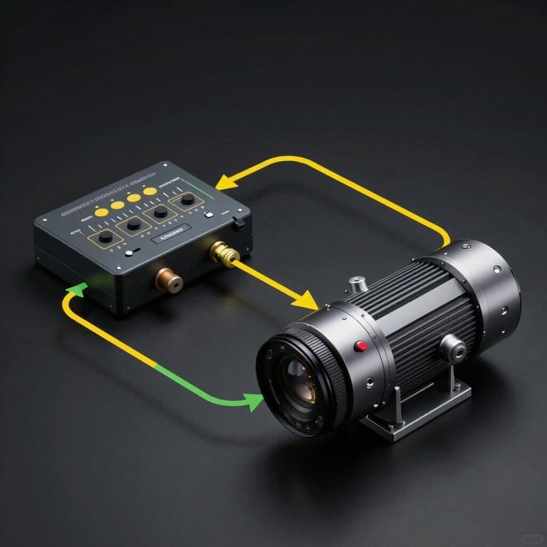 Technical vector diagram illustrating the closed-loop feedback path between sensors, controller, and motor, styled with clean yellow and green lines on dark background