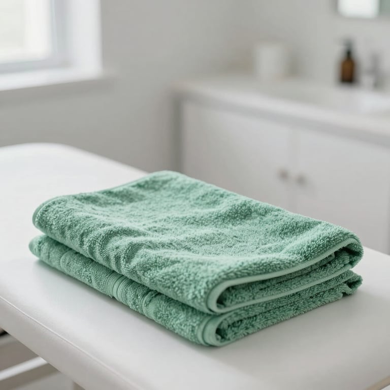 A peaceful treatment room featuring soft green #4C706F towels and clean white surfaces.