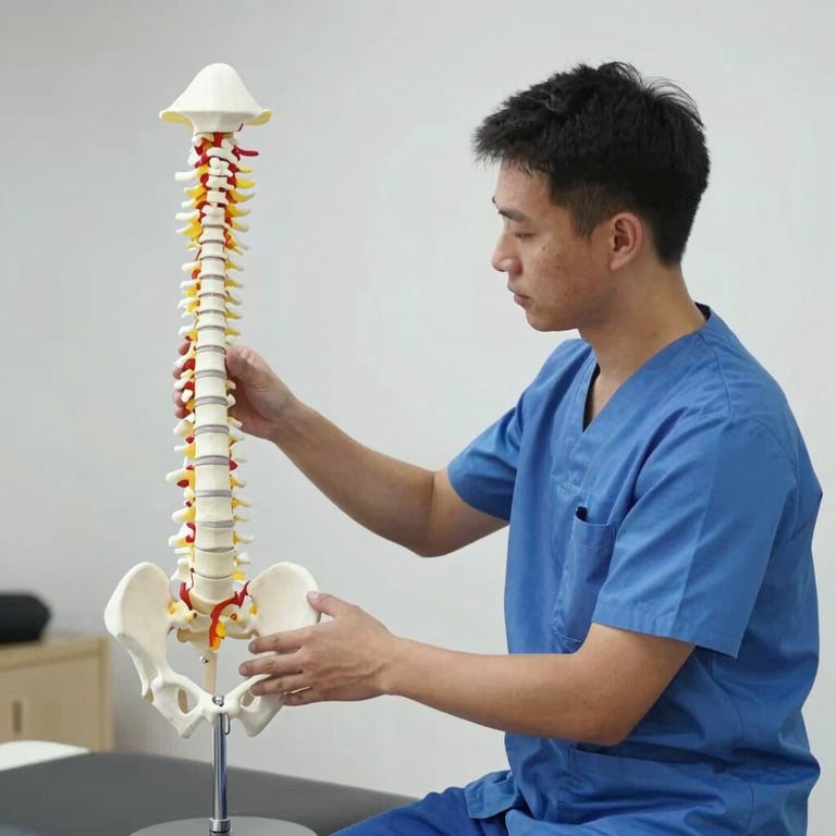 A physiotherapist explaining a treatment plan to a patient using an anatomical spine model.