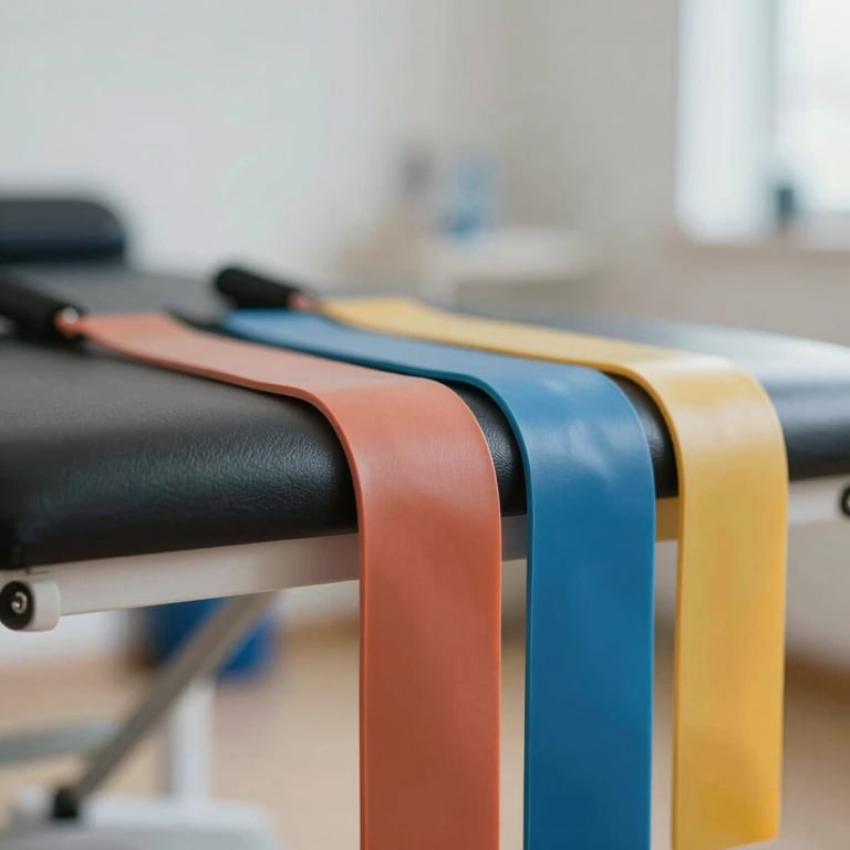 Close-up of high-quality physiotherapy equipment including resistance bands in soft clinical light.