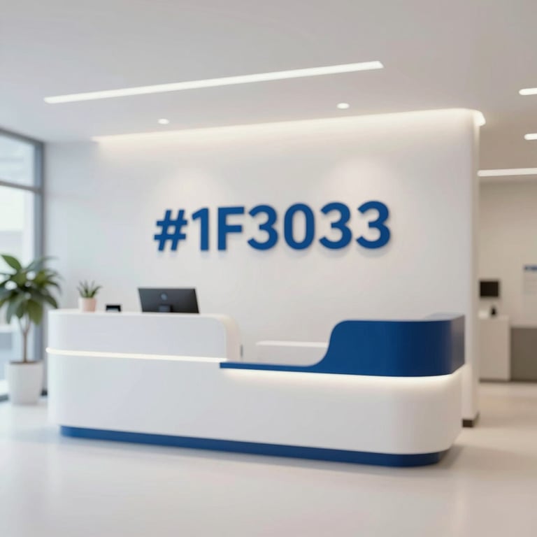 A welcoming modern clinic reception with minimalist furniture and #1F303B brand accents.