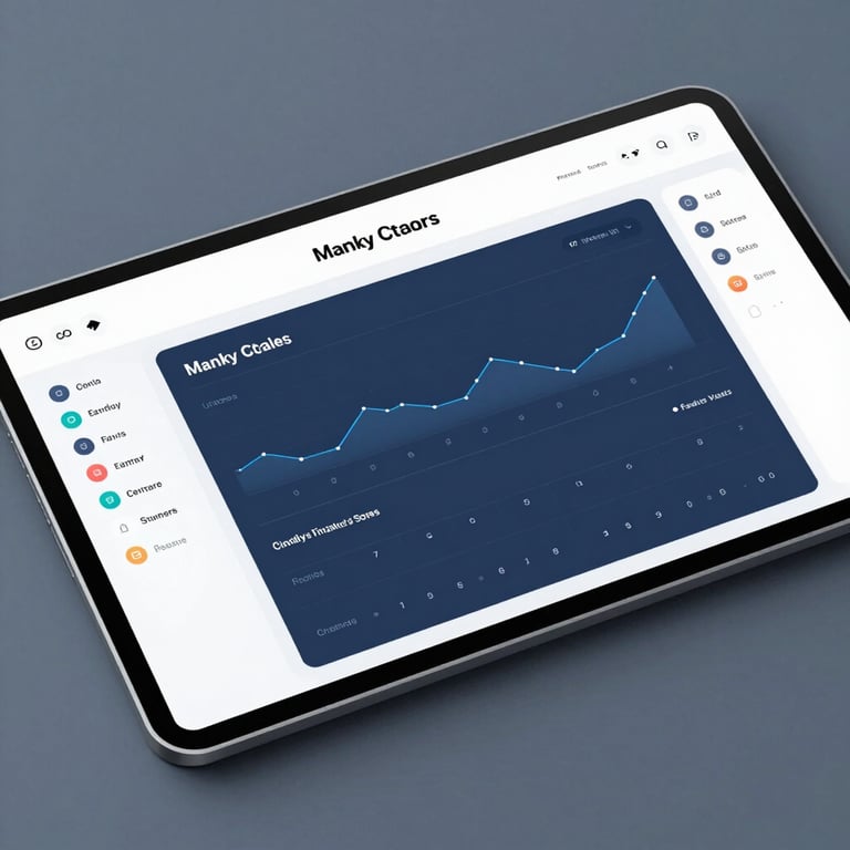 Flat-lay UI mockup of a clean, modern financial dashboard, cool-toned slate blue and ice blue interface, sharp borders, high-contrast typography, no text.