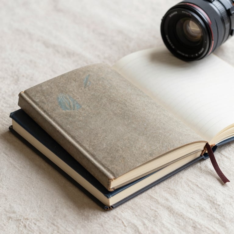 A stack of hand-painted journals and an open sketchbook on a cream-colored textile surface.
