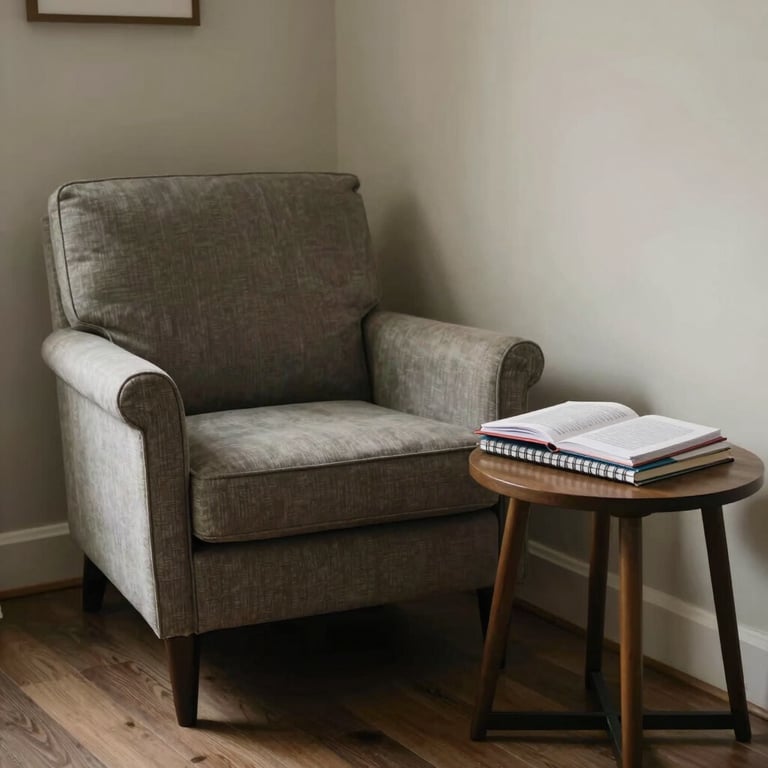 A quiet corner of a therapy room in a North American home, featuring a comfortable armchair and a small table with art journals.