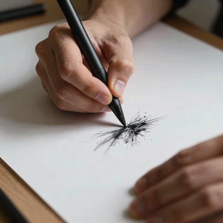 Close-up of a person's hands drawing with charcoal on high-quality paper, soft daylight casting gentle shadows.