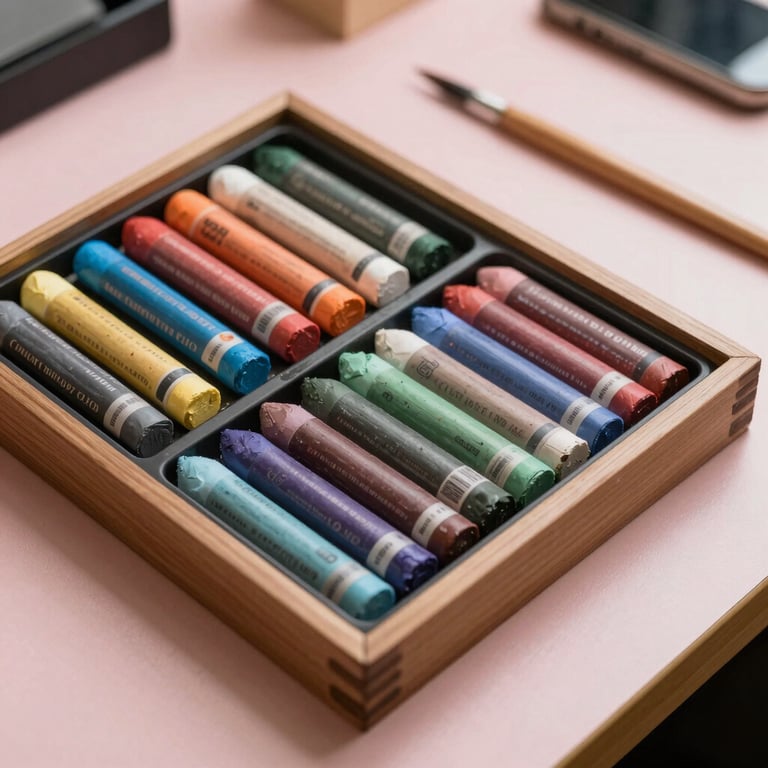 A tidy collection of oil pastels and brushes organized in a wooden box on a pale blush colored desk.