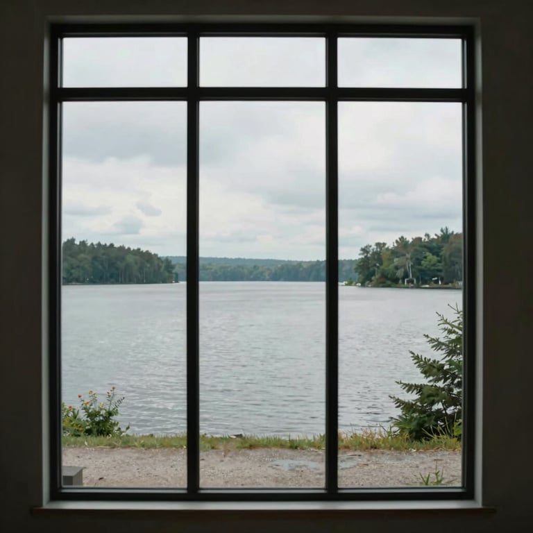 View of a peaceful North American lakeside through a large studio window, creating a serene environment for reflection.