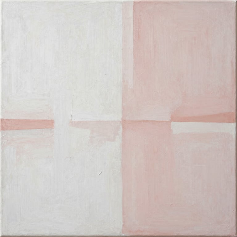 A serene abstract painting featuring soft white and muted rose textures on canvas.