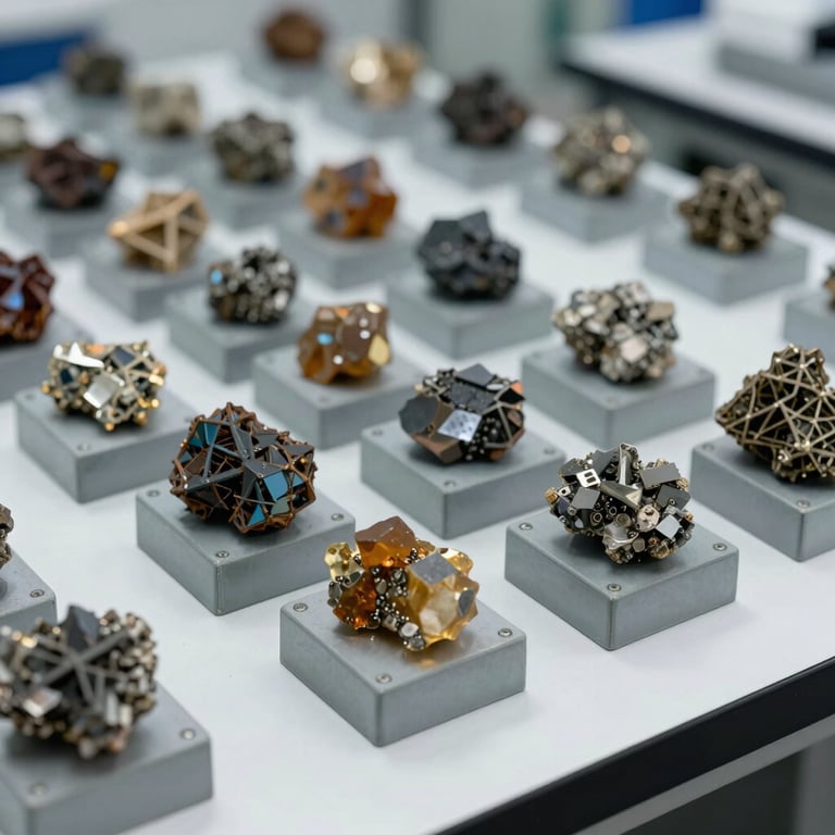 Muestras de testigos de perforación de mineral organizadas meticulosamente en bandejas de metal gris sobre una mesa de laboratorio limpia, bajo iluminación técnica brillante.