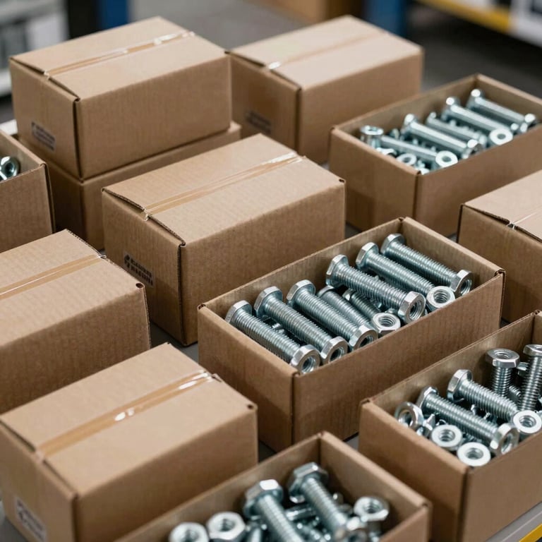 A organized display of industrial packaging solutions, including boxes of various sizes for bolts and nuts.