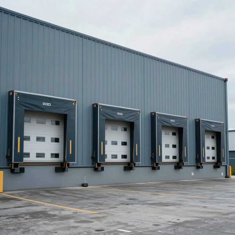 A wide shot of a logistics hub loading dock with a clean, corporate atmosphere and Muted Blue-Gray tones.