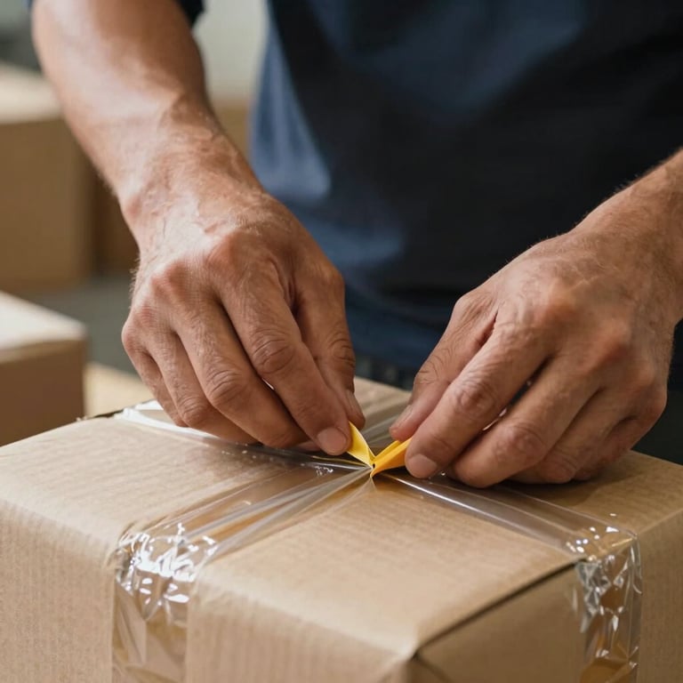 Close-up of a worker's hands expertly sealing a package for bulk hardware delivery. Professional and precise lighting.