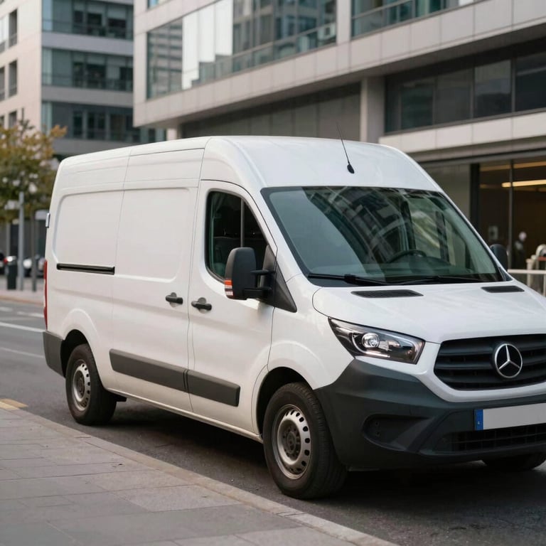 A white delivery van parked on a modern street in Madrid with business buildings in the background. Natural daylight.