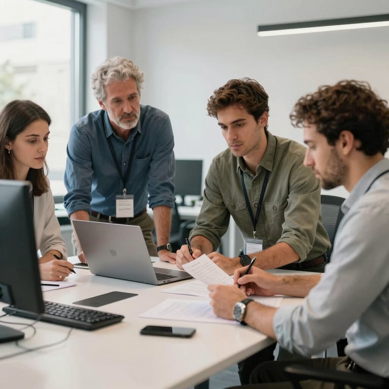 A team of logistics experts collaborating around a clean, modern desk in a bright Madrid office.
