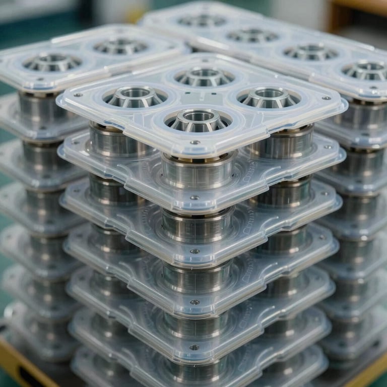 Detailed shot of a stack of professionally packaged industrial components ready for distribution.