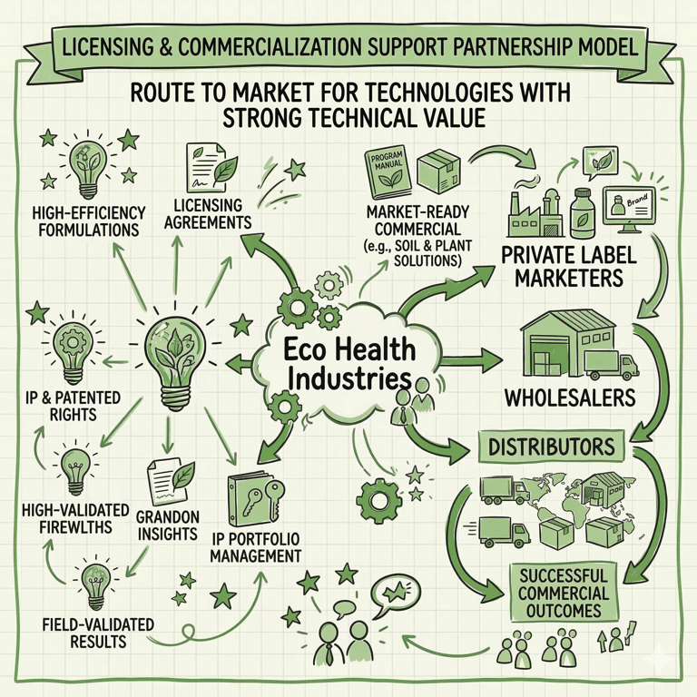Eco Health Industries licensing and commercialization model for technology route to market strategy.