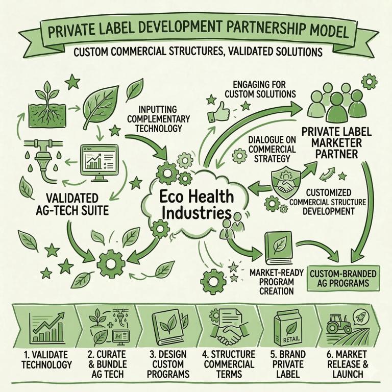 Diagram illustrating a private label development partnership model for ag-tech and eco-health industries.