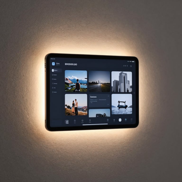 A minimalist wall-mounted tablet displaying a clean dark-themed home dashboard, framed by soft indirect warm LED light on a textured plaster wall.