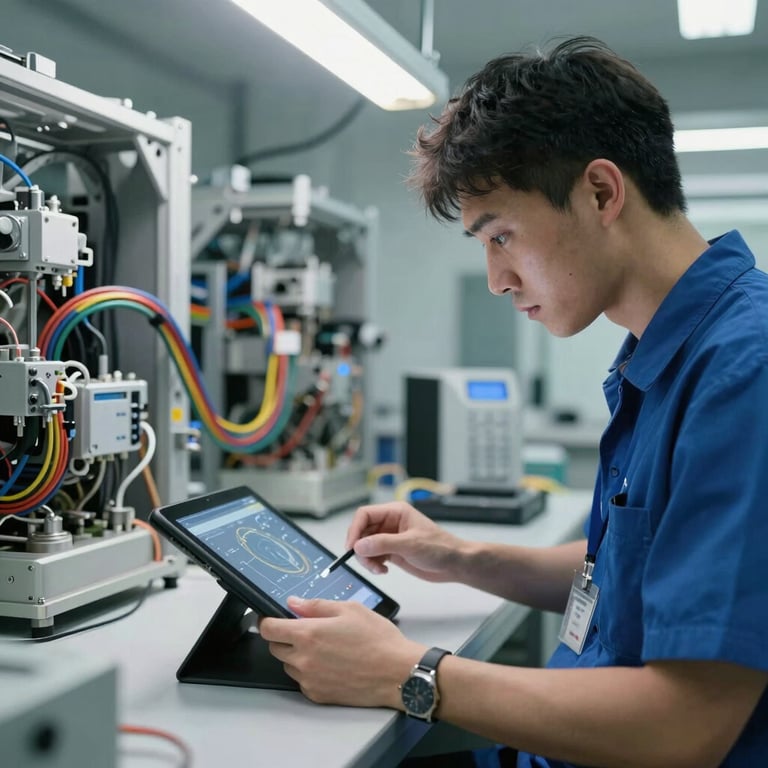A technician analyzing a diagnostic tablet in a brightly lit commercial mechanical room, crisp overhead lighting, organized wiring harnesses in the background.